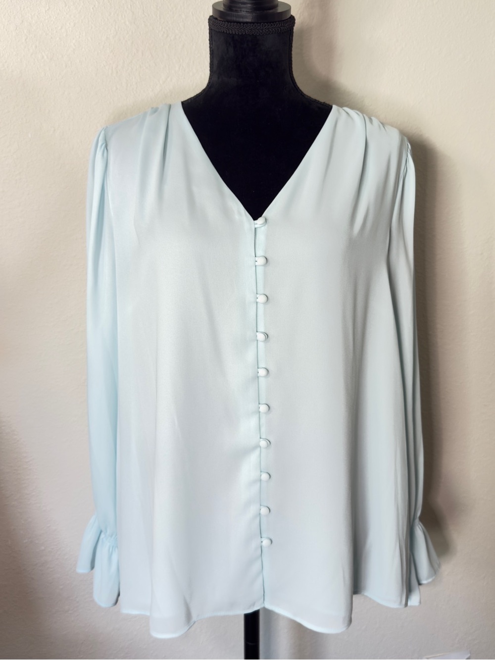 Light Blue Aqua Button-Front Long Sleeve Blouse
